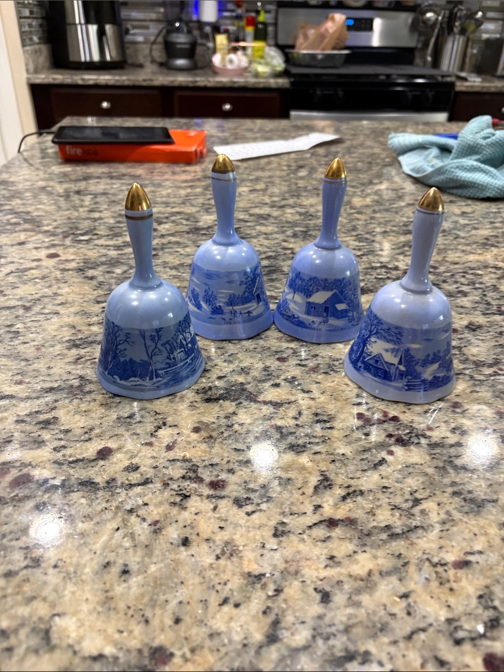 Set of 4 gold tip Currier & Ives bells